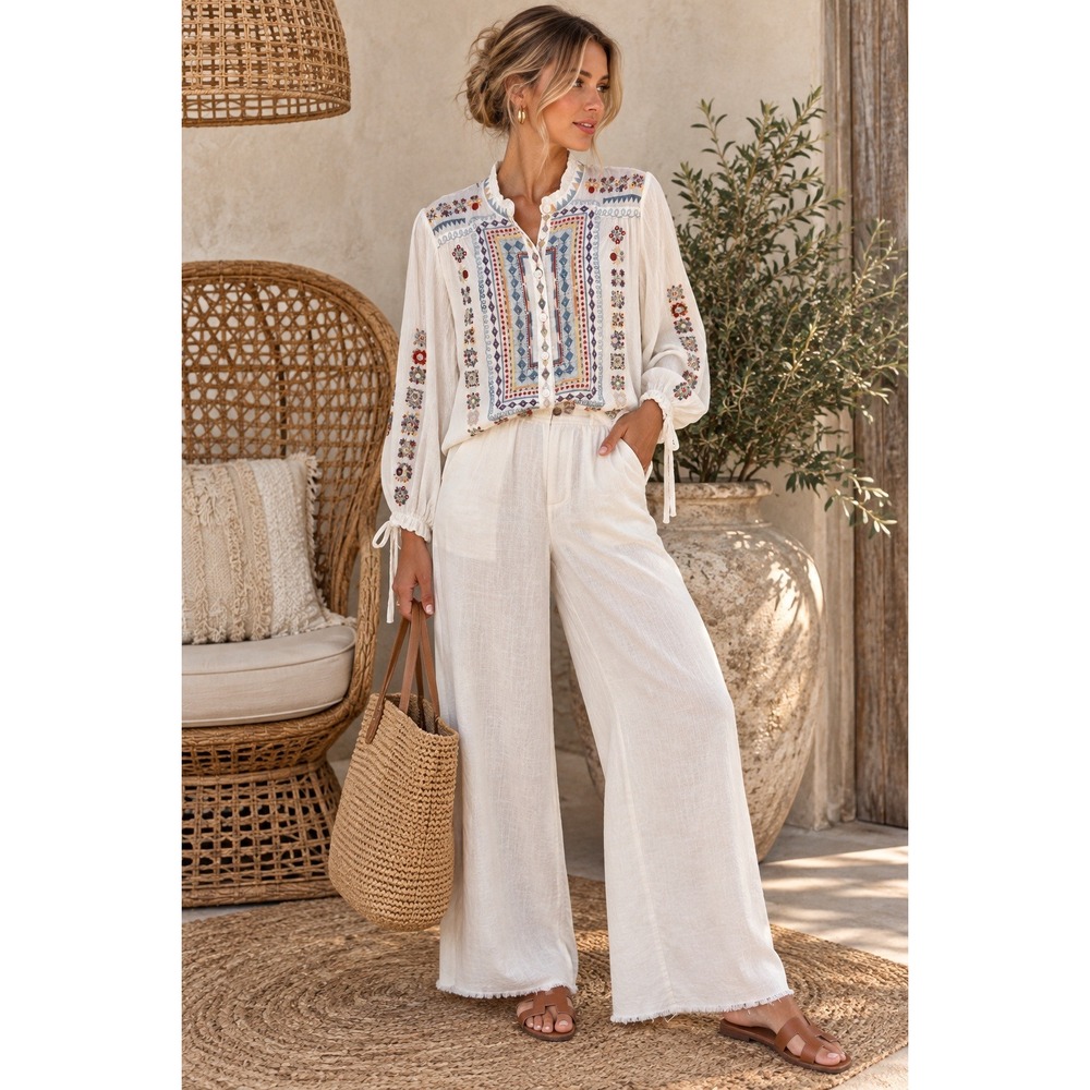 Johnny Was Zeru Embroidered Cupra Rayon Blouse White Boho Button Front XXS
